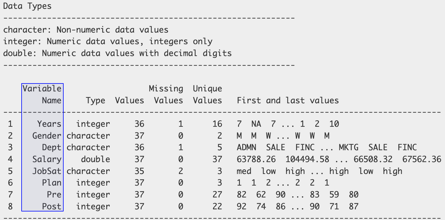 Annotated output of Read() function with the Variable Name column highlighted.